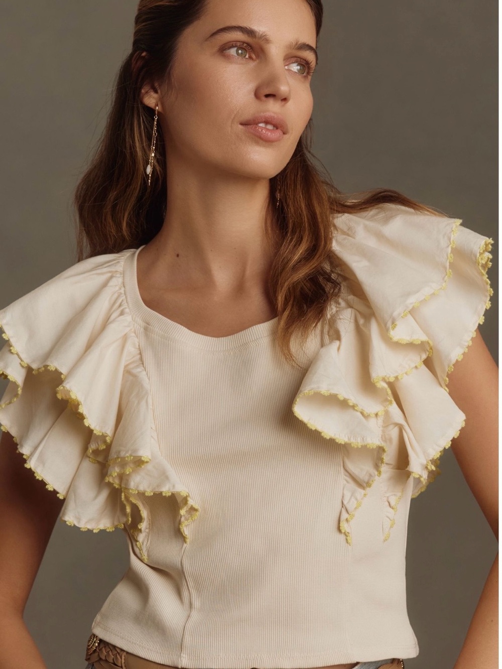 Anthropologie Cream Crop Top with Yellow-Trim Ruffles